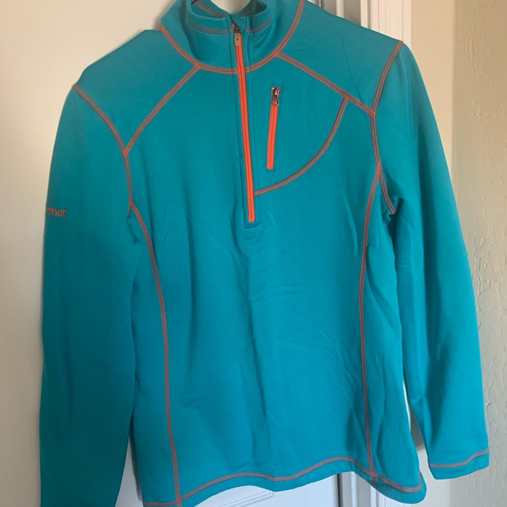 Marmot Teal Fleece with Orange Stitching Size M Vertical Zipped Pocket - Picture 1 of 12